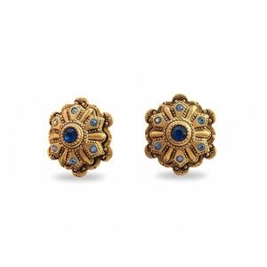 Vintage Chico’s Byzantine Gold Tone Blue Stone Medallion Clip Earrings